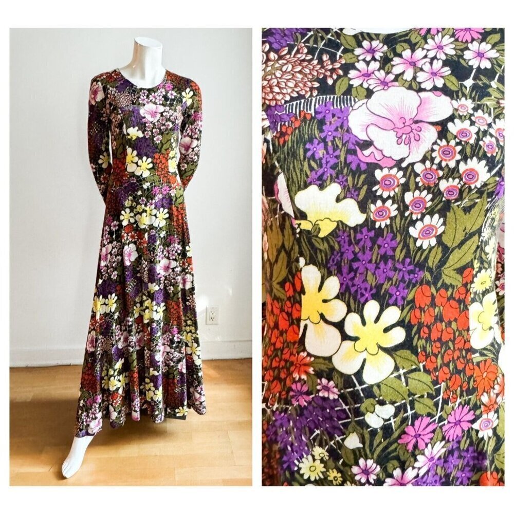 Vintage 70s Holt Renfrew Psychedelic Floral Long Sleeve Maxi Dress S